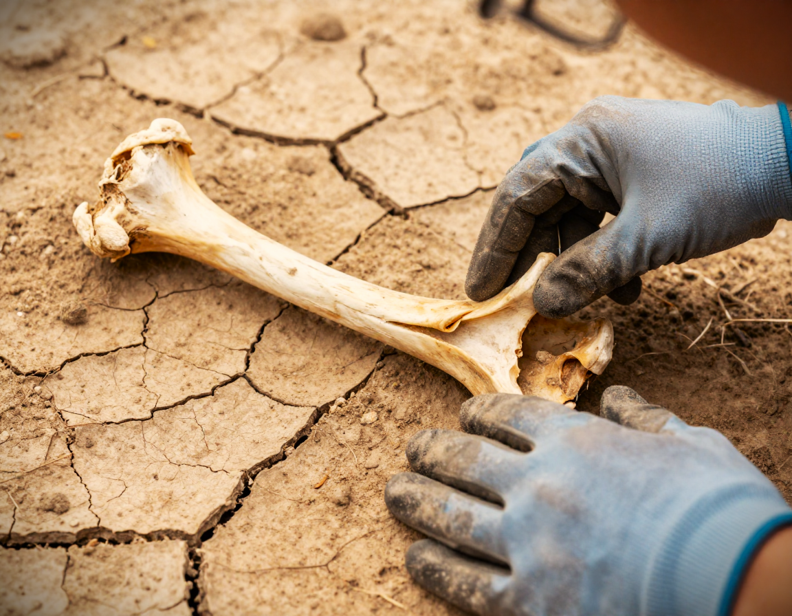 A close up of an archaeologist brushing dirt off a bone.