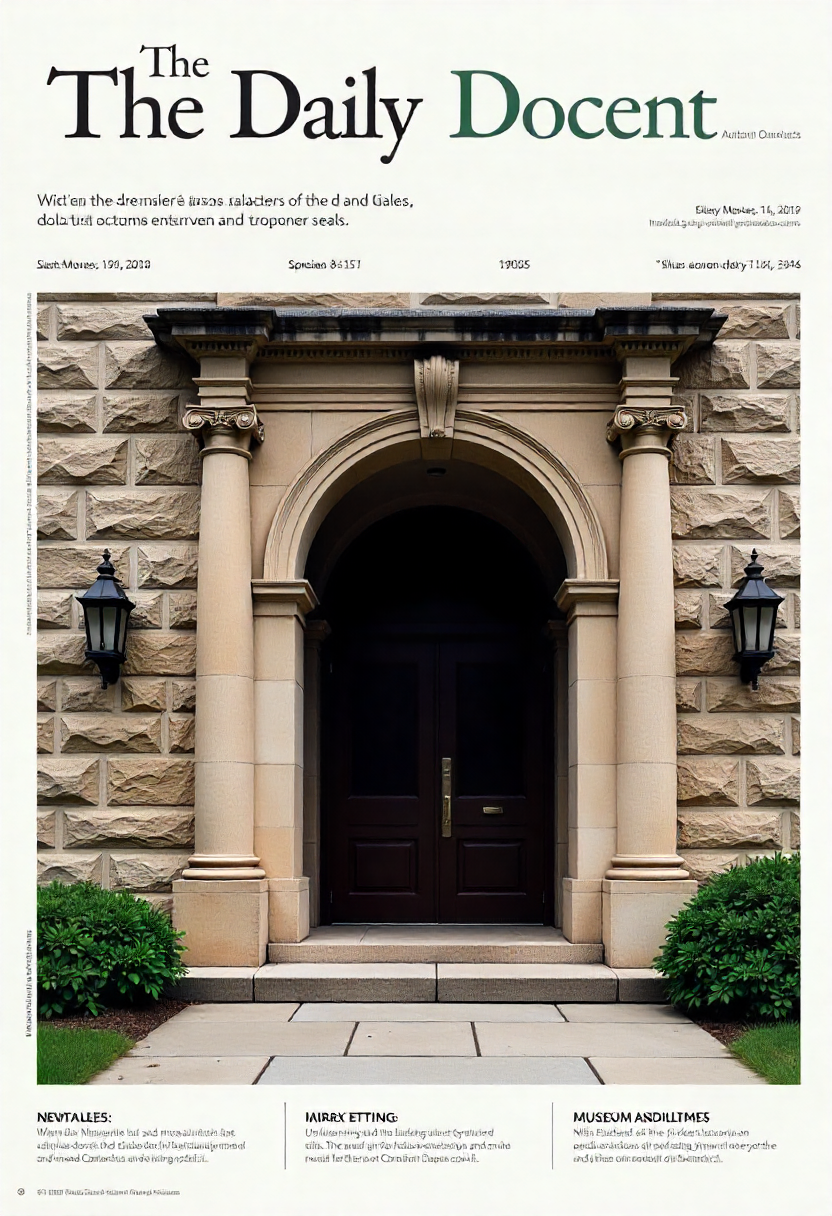 Front page of a newsletter featuring the facade of a museum with the title 'The Daily Docent'